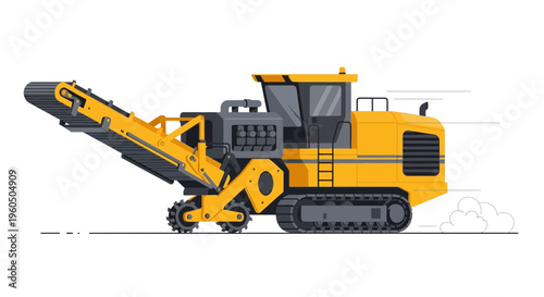 Yellow Industrial Crusher Machine With Tracks And Conveyor Belt On White Background