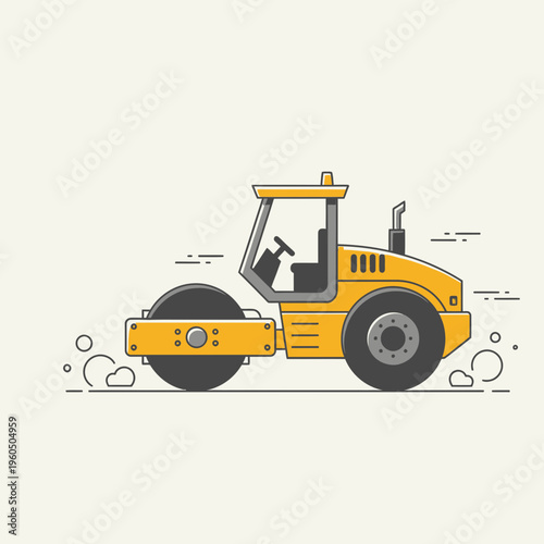 Yellow Steamroller Vehicle Working On Road Construction Project