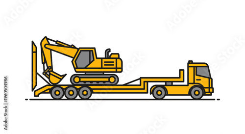 Yellow Excavator On Flatbed Truck Transportation Equipment Illustration