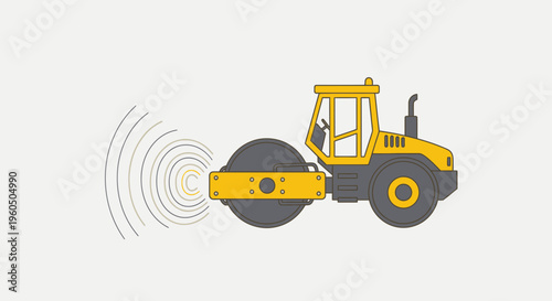 Yellow Steamroller Vibrating With Circular Sound Waves For Road Construction Projects