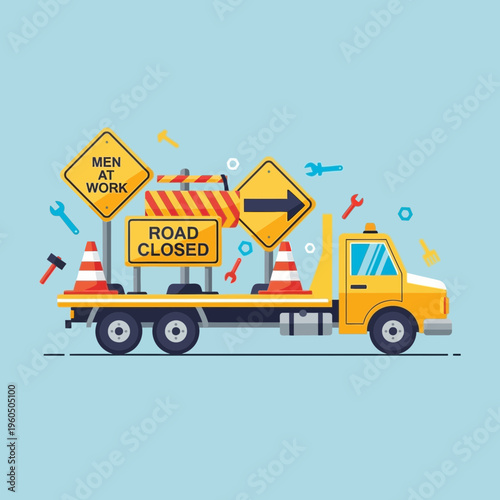 Yellow Truck Carrying Road Construction Signs and Equipment