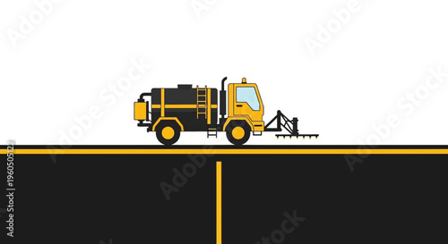 Yellow Truck Sprayer On A White And Black Road Surface