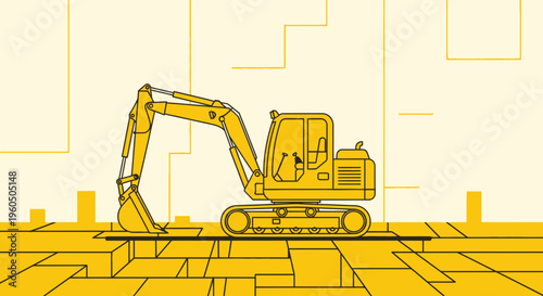 Yellow Excavator Working On Construction Site Abstract Geometric Style