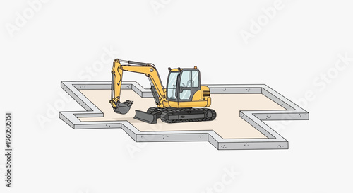 Yellow Excavator Working On Building Foundation Blueprint