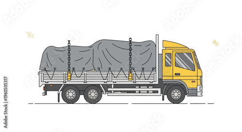 Yellow Flatbed Truck With Tarp Cargo Detailed Outline Style
