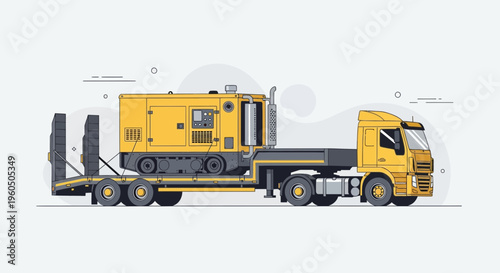 Yellow Generator Haulage On Flatbed Truck Transportation Service