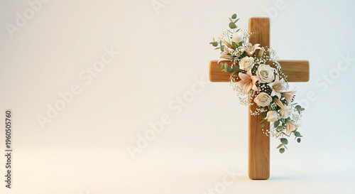 Elegant wooden cross adorned with soft pink roses perfect for Christian memorial concept and gentle religious faith sympathy greeting