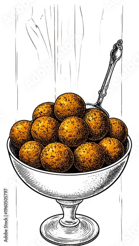 A glass bowl filled with spherical brown candies on a table