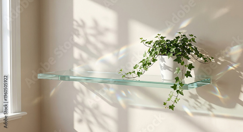 Blank transparent glass shelf bathed in warm sunlight and plant shadows perfect for minimalist natural product showcase and elegant home decor