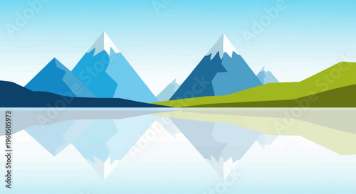 Snowy Mountains Reflected in Water.