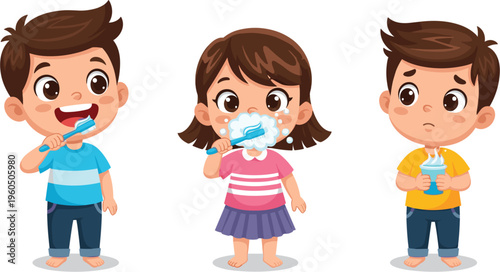 Title (24 words, SEO optimized, comma-separated):
kids, brushing, teeth, hygiene, dental, cartoon, children, toothpaste, toothbrush, clean, healthy, routine, illustration, care, smiling,