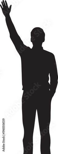 Man raising hand vector silhouette illustration for voting or asking question line art man