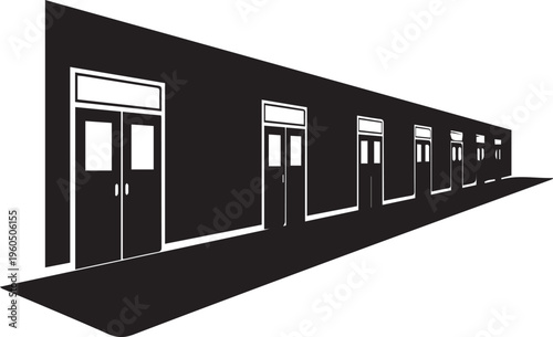 Long school hallway with multiple closed classroom doors in perspective vector silhouette illustration