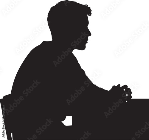 Man vector silhouette sitting at desk in profile view focused on work task illustration art
