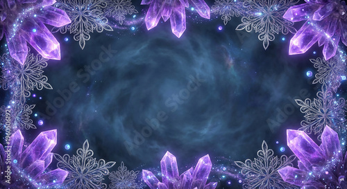 Magical glowing purple crystals and snowflakes framing dark night sky perfect for fantasy winter holiday concept and mystical mystical adventure