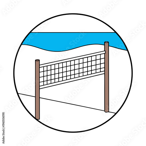 A volleyball net on a sandy beach by the ocean in a circle