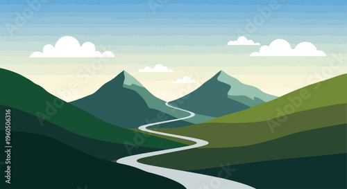 Winding River Mountain Landscape Scene.