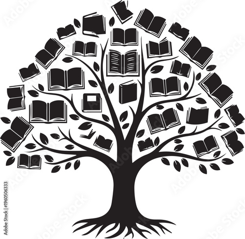 Tree of knowledge with book leaves vector silhouette illustration on a transparent background