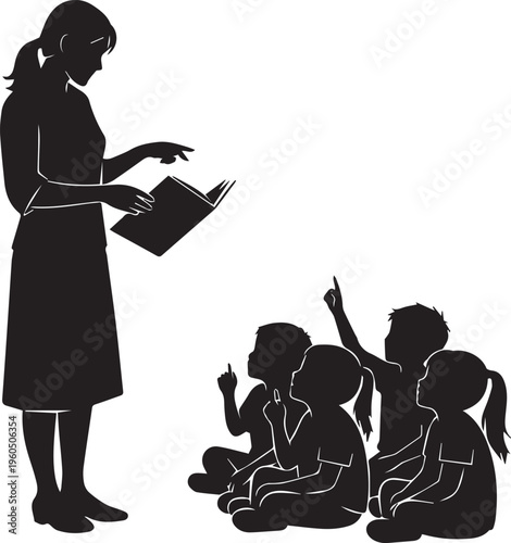 Teacher vector silhouette reading book to group of small children sitting on floor art now