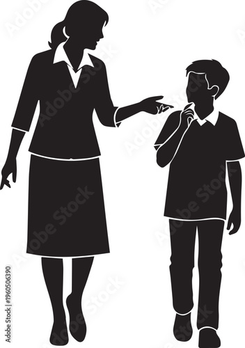 Woman scolding boy vector silhouette illustration parent child relationship line art