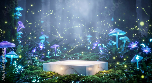 Magical glowing blue mushrooms and fireflies illuminating dark fantasy forest perfect for dreamy fairy tale concept and enchanted nature mystery