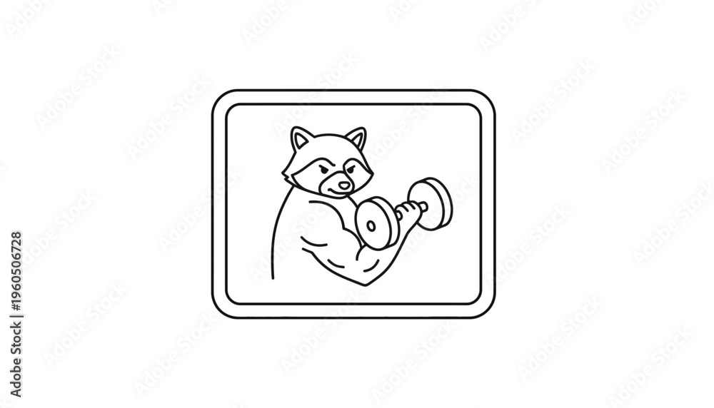 Obraz premium Strong Raccoon Lifting Dumbbell, Fitness Mascot, Cartoon Style Line Art