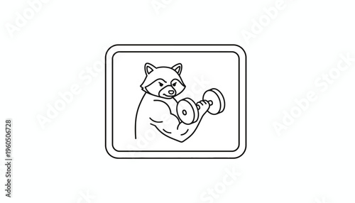 Strong Raccoon Lifting Dumbbell, Fitness Mascot, Cartoon Style Line Art