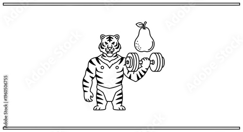 Strong Tiger Lifting Weights with Pear Overhead, Fitness and Healthy Lifestyle Concept