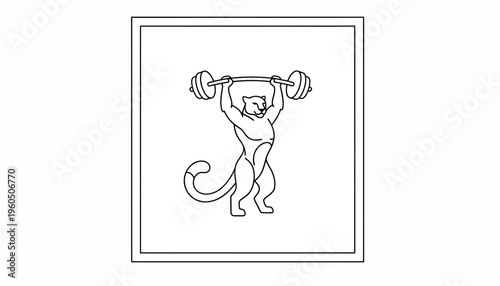 Strong panther lifting barbell, fitness and strength concept, line art illustration