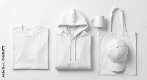 Blank white apparel collection with hoodie t-shirt and cap perfect for retail brand identity concept and custom promotional merchandise mockup