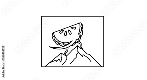 Surreal slice of orange on mountain peak, abstract concept, creative illustration