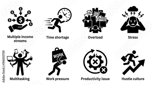 Burnout & Work-Life Imbalance Vector Icon Set – Bold Vectors Featuring Overload, Stress, Time Pressure, Mental Fatigue, Productivity Strain, and Exhaustion from Digital Demands