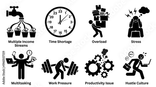 Burnout & Work-Life Imbalance Vector Icon Set – Bold Vectors Featuring Overload, Stress, Time Pressure, Mental Fatigue, Productivity Strain, and Exhaustion from Digital Demands