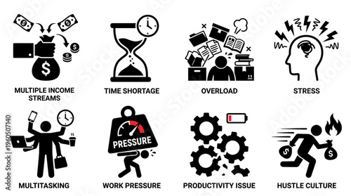 Burnout & Work-Life Imbalance Vector Icon Set – Bold Vectors Featuring Overload, Stress, Time Pressure, Mental Fatigue, Productivity Strain, and Exhaustion from Digital Demands