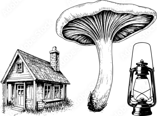 Hand drawn of a rustic cottage mushroom and kerosene lantern white background house