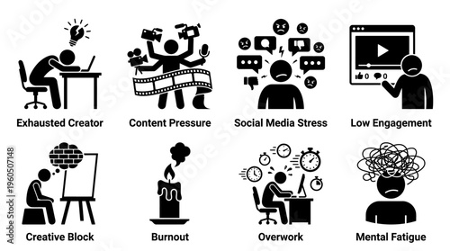 Creator Burnout & Digital Pressure Vector Icon Set – Bold Vectors Featuring Mental Fatigue, Content Stress, Low Engagement, Creative Block, and Online Overwork