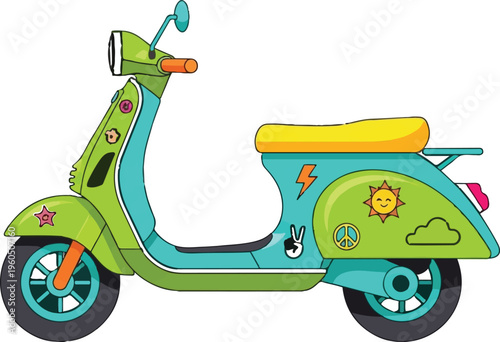 Colorful Retro Scooter Vector Illustration, Vibrant Vintage Motor Scooter with Peace and Sun Decals Isolated on White