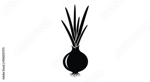 A striking black silhouette depicts an onion with long pointed leaves showcasing a minimalist aesthetic silhouette high quality