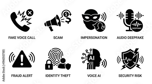Voice Fraud & Audio Security Threat Vector Icon Set – Bold Vectors Featuring Deepfake Calls, Identity Theft, AI Impersonation, Scam Alerts, and Digital Risk