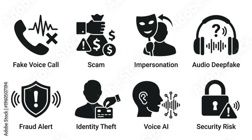 Voice Fraud & Audio Security Threat Vector Icon Set – Bold Vectors Featuring Deepfake Calls, Identity Theft, AI Impersonation, Scam Alerts, and Digital Risk