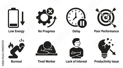 Work Fatigue & Productivity Decline Vector Icon Set – Bold Vectors Featuring Burnout, Low Energy, Delay, Poor Performance, Lack of Interest, and No Progress