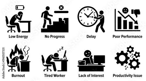 Work Fatigue & Productivity Decline Vector Icon Set – Bold Vectors Featuring Burnout, Low Energy, Delay, Poor Performance, Lack of Interest, and No Progress