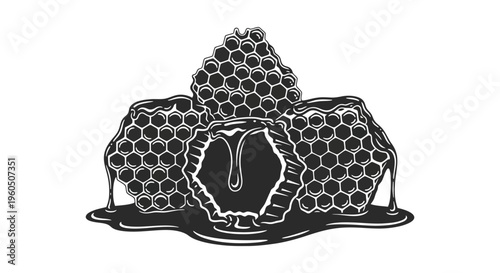 A detailed black and white illustration of honeycombs with dripping honey showcasing a striking silhouette high quality professional