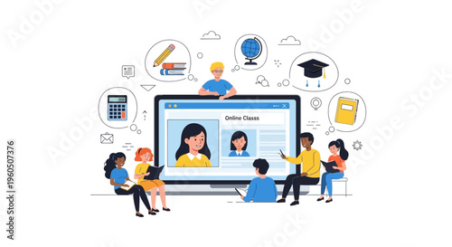 Online Education Concept: Students Learning Remotely Via Laptop and Video Call