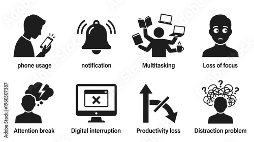 Digital Distraction & Productivity Loss Vector Icon Set – Bold Vectors Featuring Phone Overuse, Notification Overload, Multitasking Stress, Focus Breaks, and Attention Drain