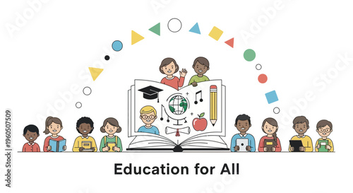 Diverse children learning from open book with global education symbols and colorful shapes
