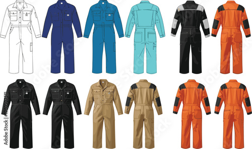 Set of industrial workwear coveralls in multiple colors, front and back views, safety uniform overalls collection for mechanics, engineers and construction workers isolated