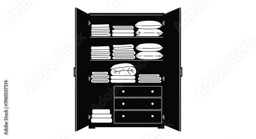 A black and white illustration depicts a wardrobe filled with neatly stacked linens and pillows silhouette high quality