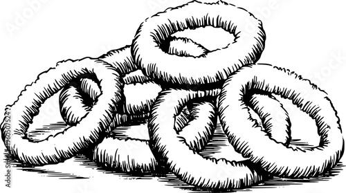 Hand Drawn of Crispy Golden Onion Rings Stacked White Background food