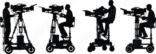 Silhouettes of professional cameramen operating broadcast video cameras on studio dollies, media production crew filming content, television industry equipment isolated on white background